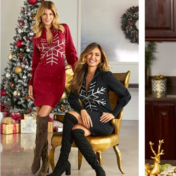 Boston Proper Embellished Snowflake Sweater Dress Rhinestone Faux Pearl Sz M - Picture 3 of 14